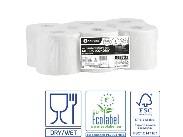 Ręczniki papierowe w roli MERIDA ECONOMY CENTER PULL MINI, białe, średnica 17 cm, długość 210 m, jednowarstwowe, zgrzewka 6 rolek, ECOLABEL